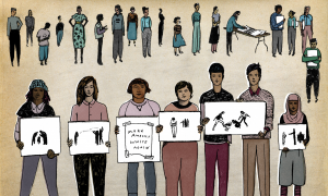 Illustration of various people holding different protest signs.