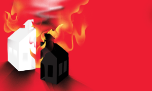 Illustration of a schoolhouse split in two pieces, one black and one white, and both pieces are on fire.