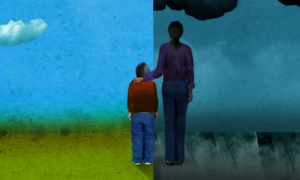Taller figure with their hand on the shoulder of a smaller person standing next to them. The background is split between a brighter sky and a stormy dark sky.
