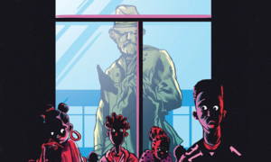 Illustration of an imposing confederate officer statue standing behind several students of color in a classroom.