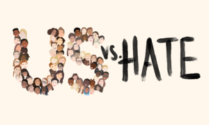 Illustration of "US vs. Hate" where the "US" is comprised of a diverse set of students' faces.