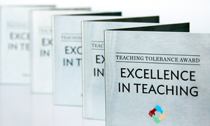 A photo shows awards given for the Teaching Tolerance Award for Excellence in Teaching.