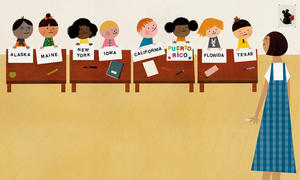 Illustration of young and diverse students in the classroom holding up signs with various states' names displayed, as well as one that lists the United States' territory Puerto Rico in colorful letters and stars.