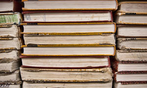 A stack of textbooks—viewed from the side—in varying conditions of use, from good to worn out.