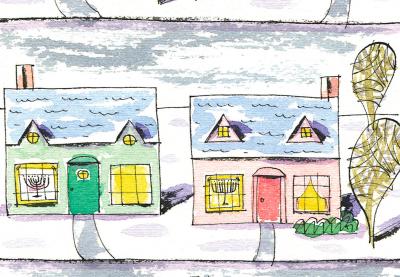 Teaching Tolerance illustration with two houses with menorahs at the window