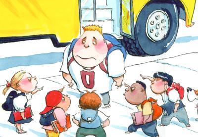Teaching Tolerance illustration of students pointing angry to the big kid at the school bus door