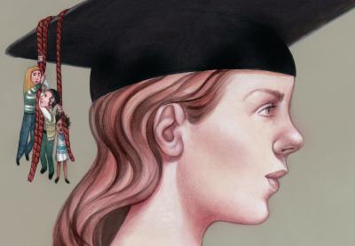 Illustration of students hanging onto the tassel of another students graduation cap