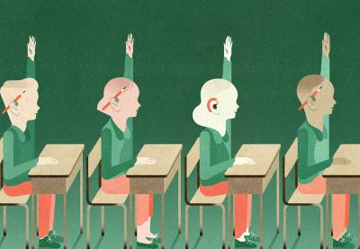 Illustration of four students at their desks raising their hands