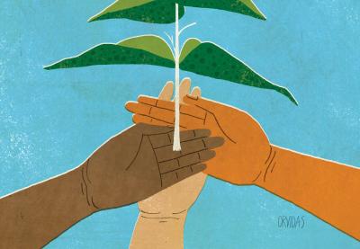 An illustration of three hands, all different colors, holding up a plant