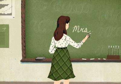 Illustration of a teacher writing on chalkboard with her back turned to class
