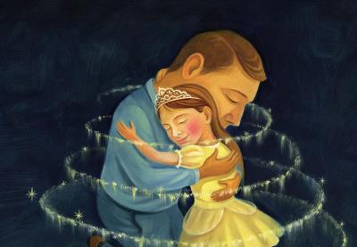 An illustration of a man embracing a girl in an elegant dress and tiara