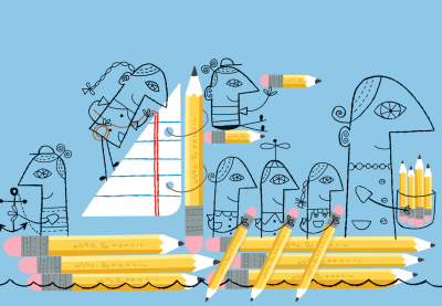 people sailing on a pencil ship