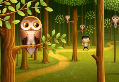 boy lost in the woods with owls
