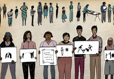 Illustration of various people holding different protest signs.