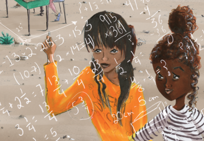 Illustration of two girls writing and looking at math equations together.