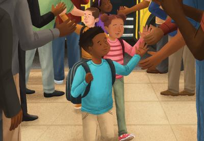 Illustration of students receiving high fives from adults as they disembark their school bus.