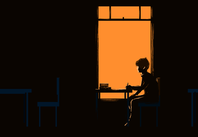 Illustration of a lone young person in the dark looking out a window.
