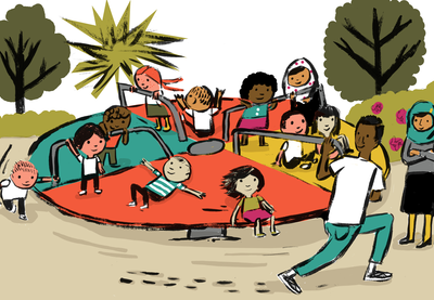 Illustration of a diverse group of students being spun around on a pinwheel on a playground by a teacher of color.
