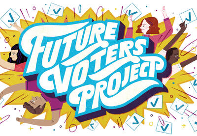 Illustration of the title "Future Voters Project" surrounded by stylized people holding up check marks.