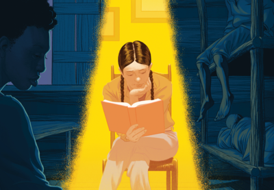 Illustration of a young person reading under a yellow light while surrounded by a scene from the book they are reading.
