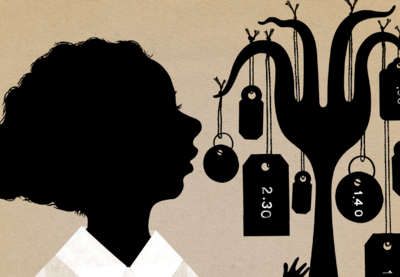 Silhouette-style illustration featuring a young person looking at a fork whose individual prongs are bent under the weight of hanging price tags.