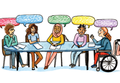 Illustration of five diverse young people sitting at a table together conversing, indicated via colorful speech bubbles.