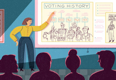 Illustration of a teacher figure pointing to a slide featured on a pulled down screen that is titled "Voting History." Several shadowed figures sit in the foreground, looking at the displayed information.