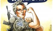 Invoking the iconic "We Can Do It" picture, this cartoon features a woman in combat gear