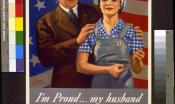 A man in a suit with his arm around his wife in overalls. Text reads, "I'm proud... my husband wants me to do my part."