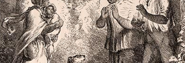 illustration from the book Uncle Tom's Cabin — Eliza, holding her baby, comes to tell Uncle Tom he is sold