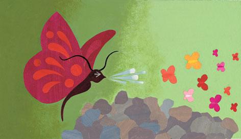 A large red butterfly blows other butterflies over a pile of stones. 