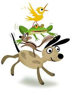 The yellow bird stands on a green frog who is standing on a chatty chipmunk who stands on the back of the little dog. 