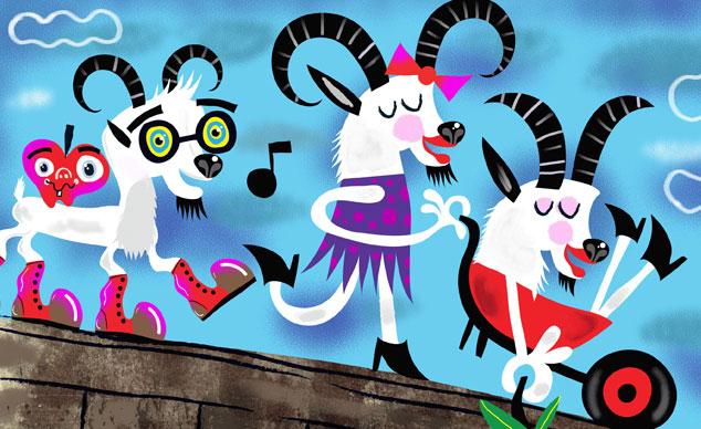 Three whimsical looking billy goats are walking across a bridge. One is singing, one is riding in a wheelbarrow, and the other is walking and smiling.