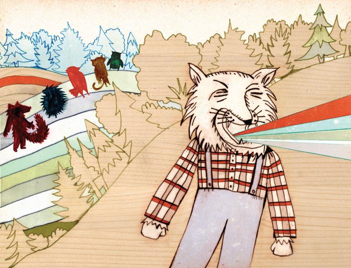 Teaching Tolerance illustration of a wildcat in the Appalachian woods screaming a rainbow of colors