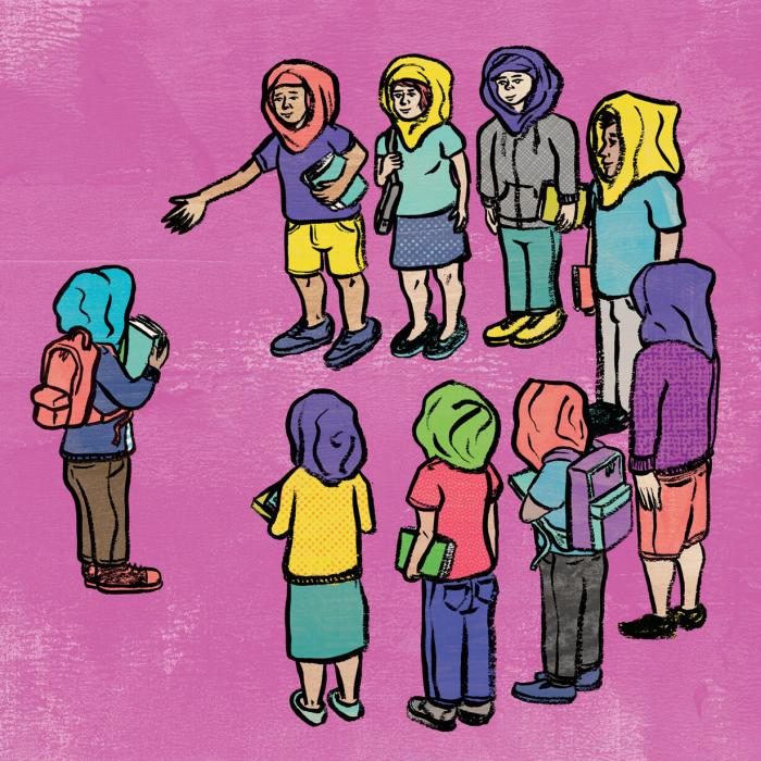 Illustration of students surrounding and embracing another while all wear traditional Muslim headwear