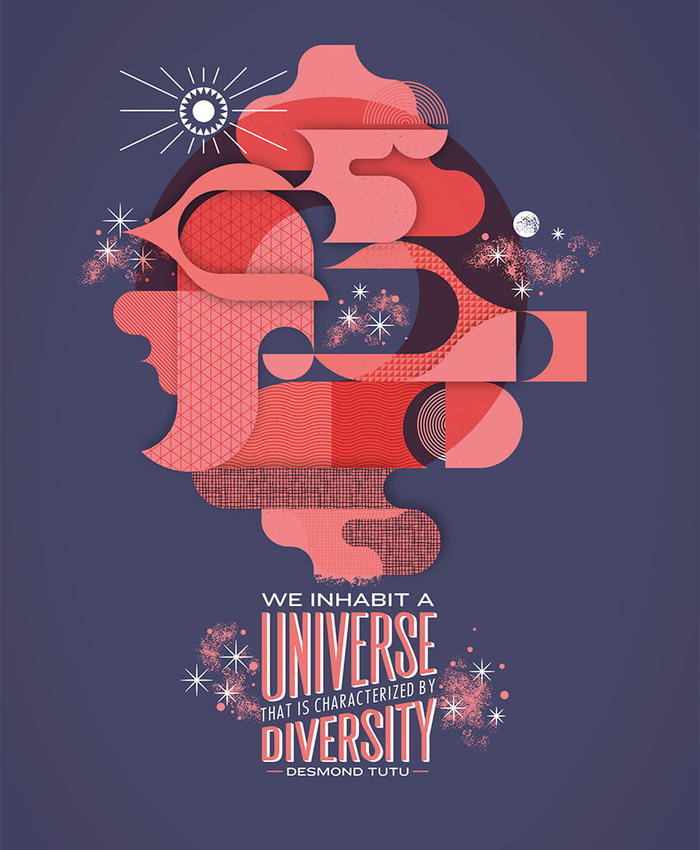 An illustration that depicts Desmond Tutu's quote "We inhabit a universe that is characterized by diversity."