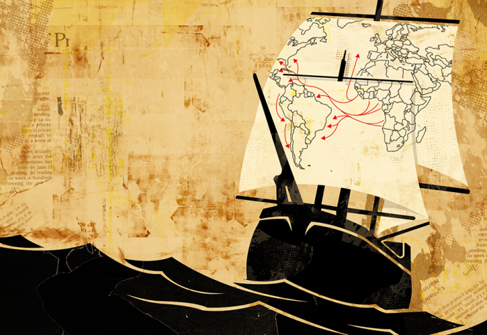 ship crossing the ocean with a map on the sail