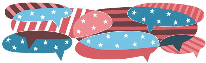 Speech bubbles filled with United States flag graphics.