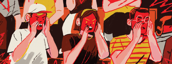Illustration of an angry, red-faced crowd shouting