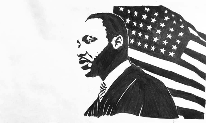 Screenprint of Dr. Martin Luther King, Jr. in front of the United States flag.