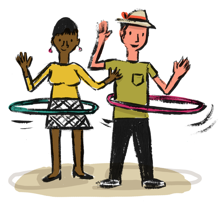 Illustration of two adult figures enjoying playing with hula hoops.