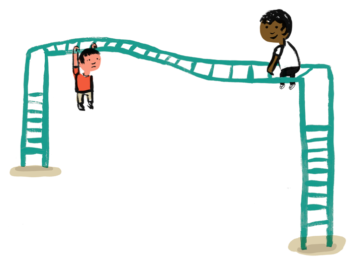 Illustration of two students climbing on monkey bars, one hanging and appearing alarmed and another sitting at the top and smiling.