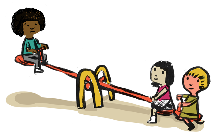 Illustration of a student of color on one end of a seesaw being lifted in the air by two other students on the opposite end.