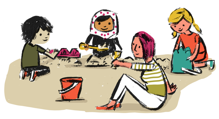 Illustration of a diverse group of students playing in the sand together with an adult figure.
