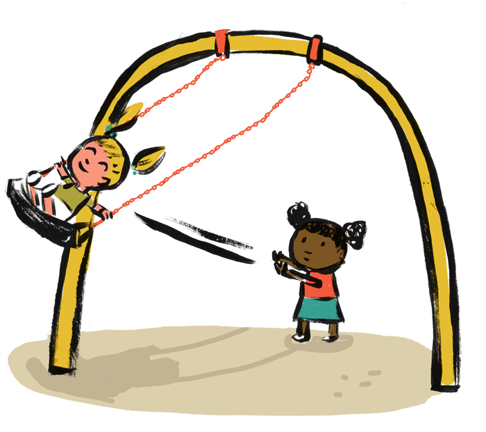 Illustration of a white student being pushed on the swing by a student of color.
