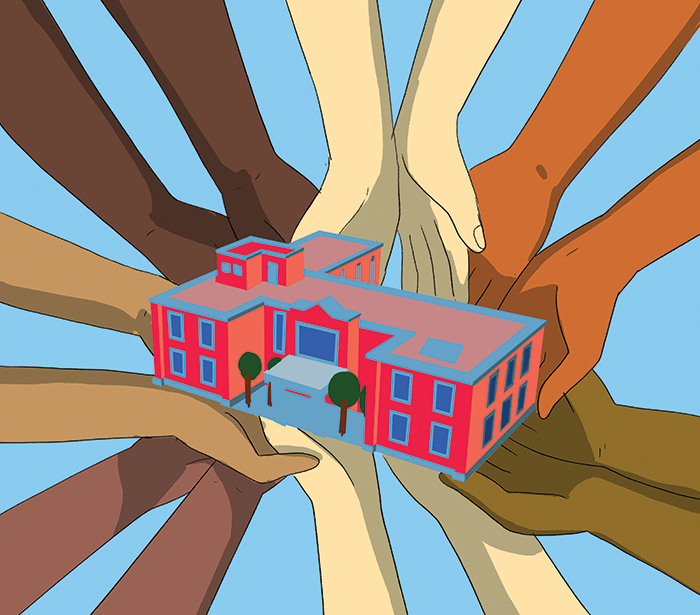 Illustration of a diverse set of hands holding up a stylized building.
