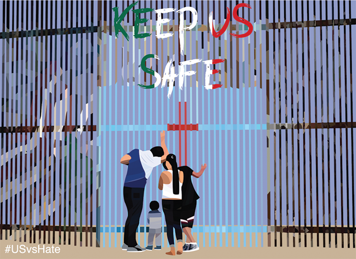 Illustration of a family standing next to and looking through a tall, slatted fence. The words "Keep Us Safe" appear above them.
