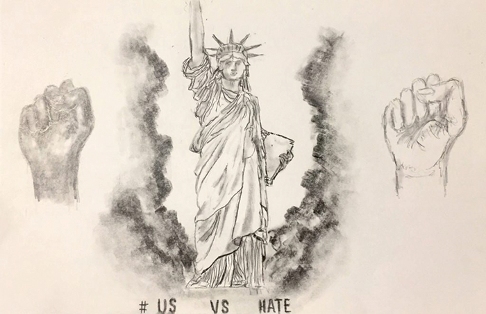 Drawing of the Statue of Liberty flanked on either side by raised fists in black and white. "USvsHate" is written near the bottom.