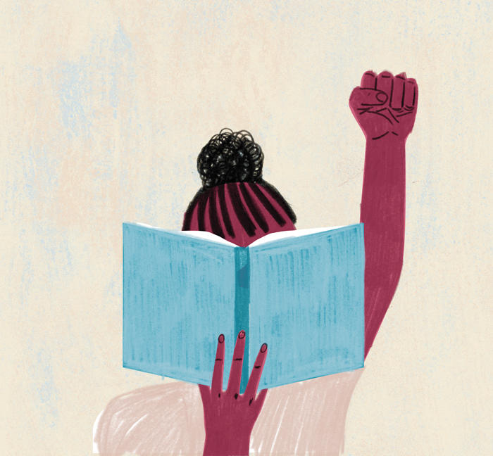Illustration of a student of color holding a blue book in front of their face while holding up their closed fist.