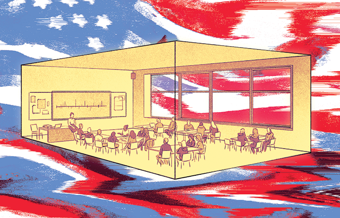 Illustration of a classroom with students and a teacher superimposed over a stylized United States flag.